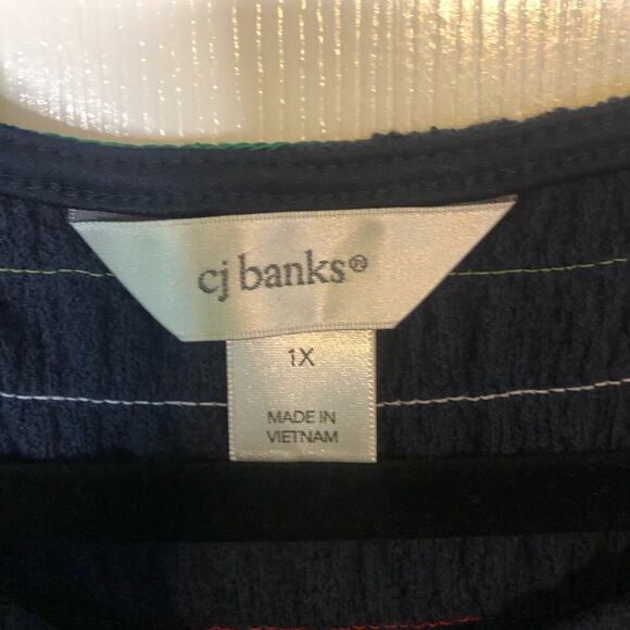 CJ Banks Navy Blue Striped Stretchy Tank Top Gathered Colorful 4th of July - 1X - Picture 2 of 5